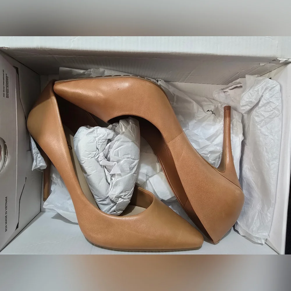 Aldo Durbell Tan Leather Heels Sleek Pointed-Toe Pumps - Picture 2 of 13